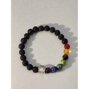 Vintage Black and Rainbow Chakra Beaded Silver Tone Dog Cat‎ Paw beaded Bracelet
